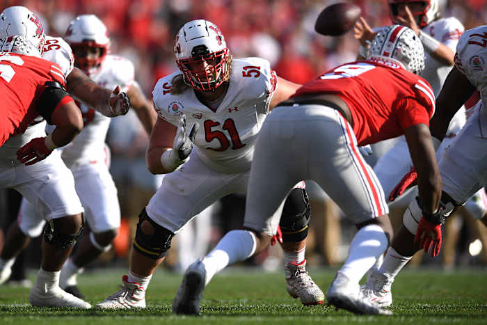 Jan 1, 2022; Pasadena, California, USA; Utah Utes offensive lineman Keaton Bills (51) blocks in the first half during the 2022 Rose Bowl game against the Ohio State Buckeyes at the Rose Bowl. Mandatory Credit: Orlando Ramirez-USA TODAY Sports